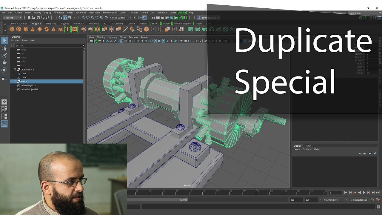 2.7 مايا - آلة شد ذراع المنجنيق الجزء الثاني catapult winch modeling - Duplicate Special