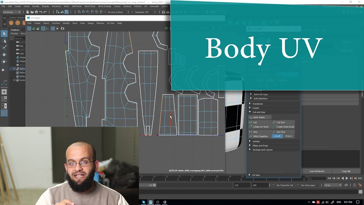 كورس مايا 5.9.3 عمل خريطة اليو في لجسم الطائرة Maya 2018 UV mapping Stitch together