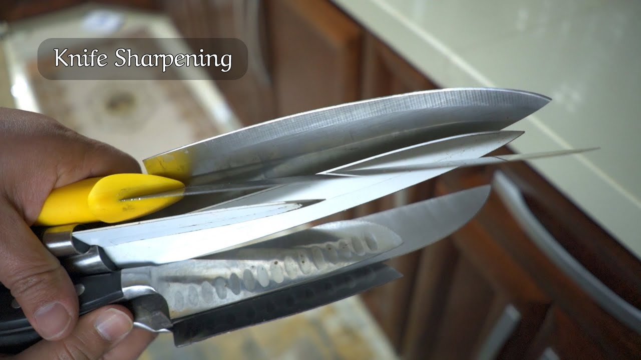 sharpening 8 knives using 1x30 belt sander. real time.